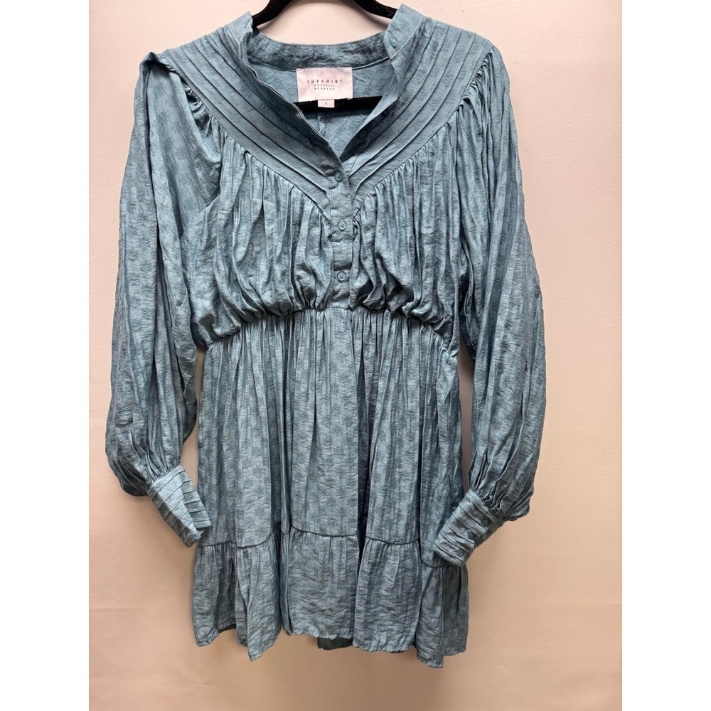 The Shirt Rochelle Behrens Mini Dress Women S Blue Smocked Waist Pintuck Pleated
